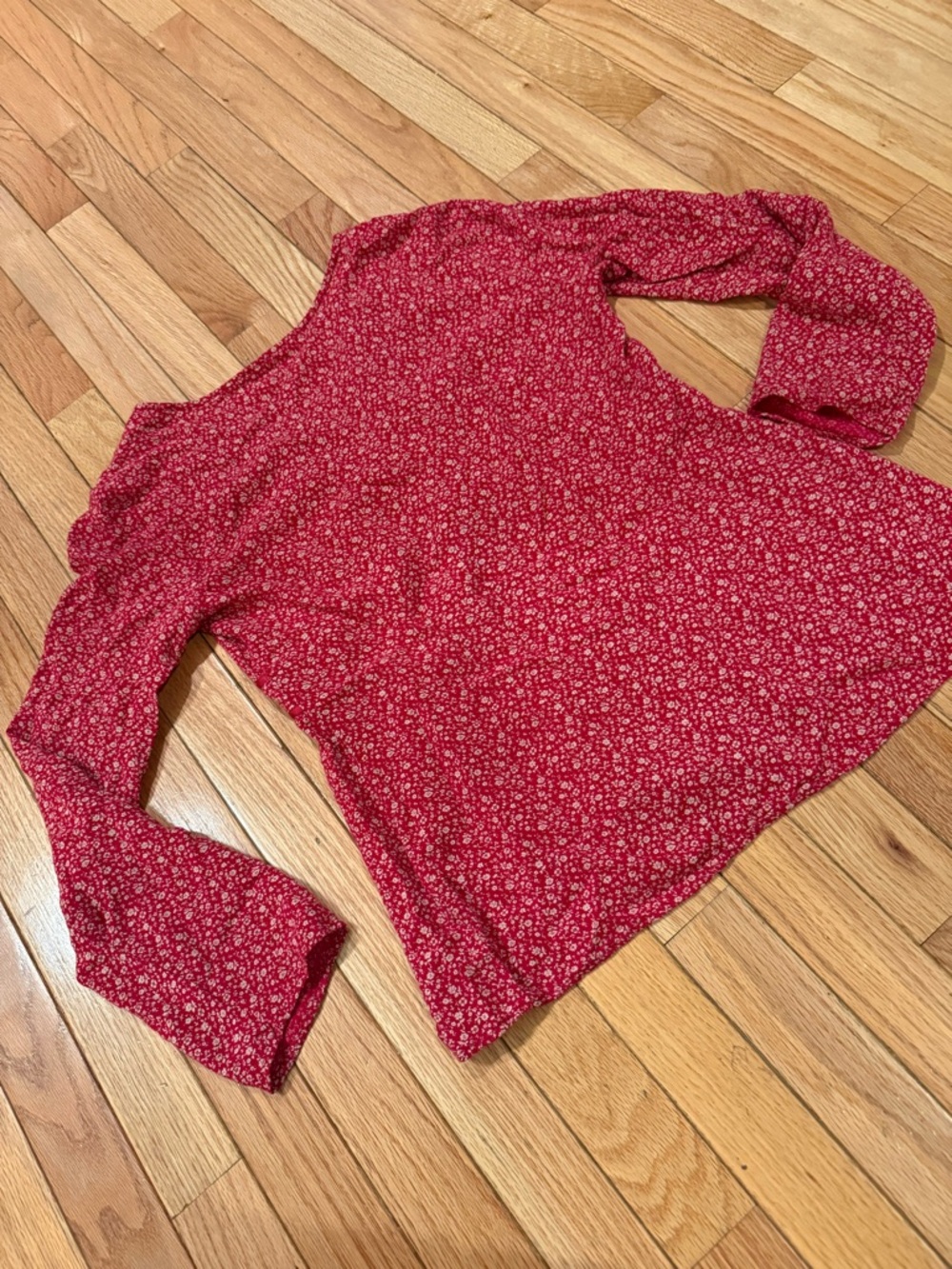 Women's Red Floral Long-Sleeve V-Neck Babydoll Bow Top Size S - Picture 6 of 7